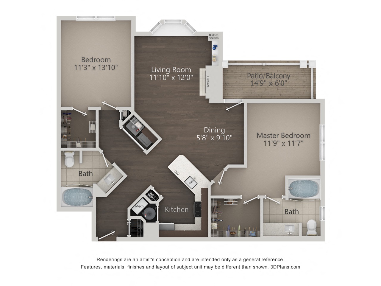 Floor plan for 2 beds, 2 baths, 1293 sqft